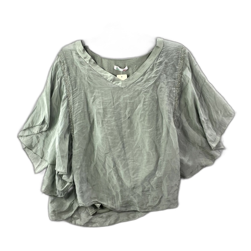 Made In Italy Blouse Womens One Size Green Stretch Kimono Sleeve V-Neck Pullover